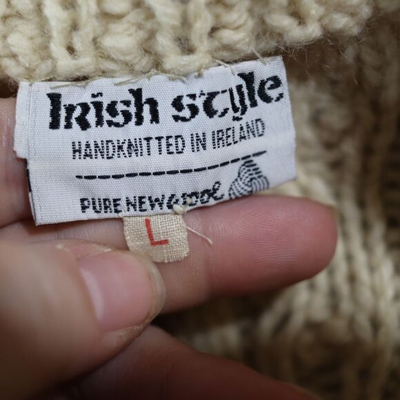 Irish Style Hand Knit Heavy Chunky Wool Fisherman Sweater Off White Large - Picture 13 of 14